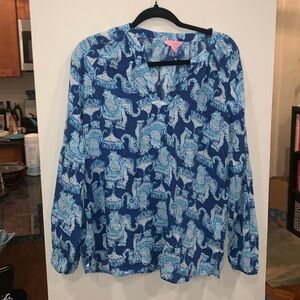 Lilly Pulitzer Martinique Tunic top blue Joy Ride Elephant Print size Small